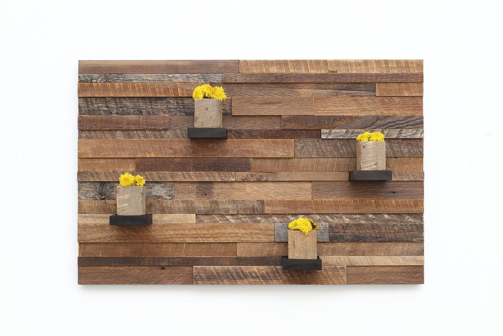 reclaimed wood floating shelf artwork 