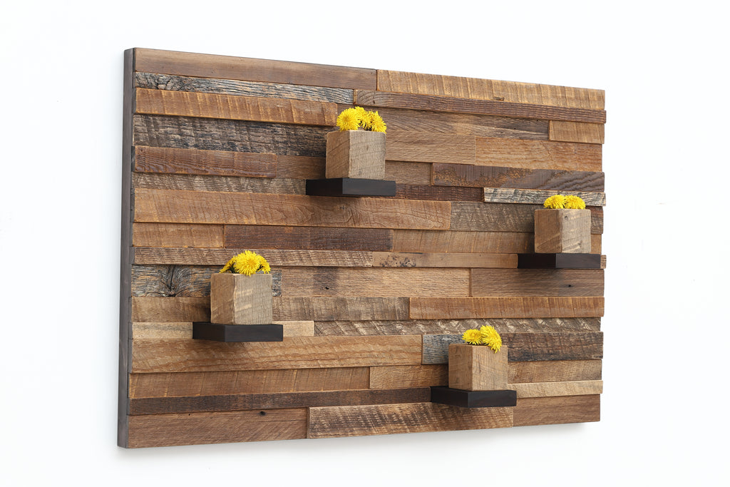 reclaimed wood floating shelf artwork 