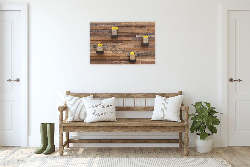 reclaimed wood floating shelf artwork 