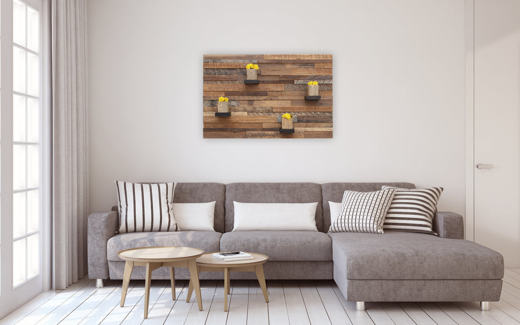 reclaimed wood floating shelf artwork 