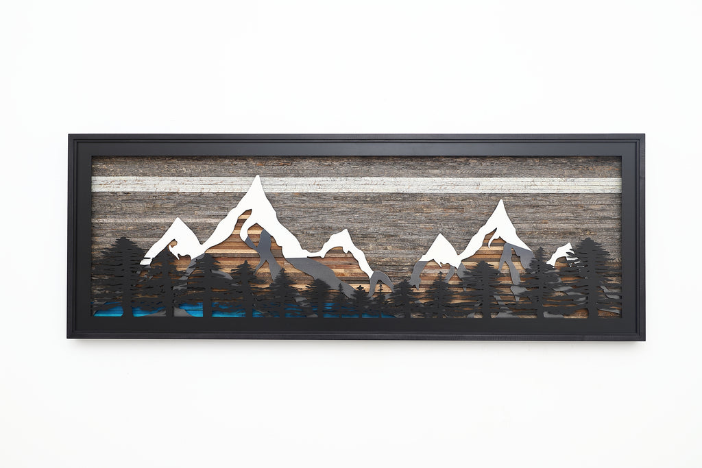 Pine Tree Forest Glacial Lake Mountains: wood and metal wall art