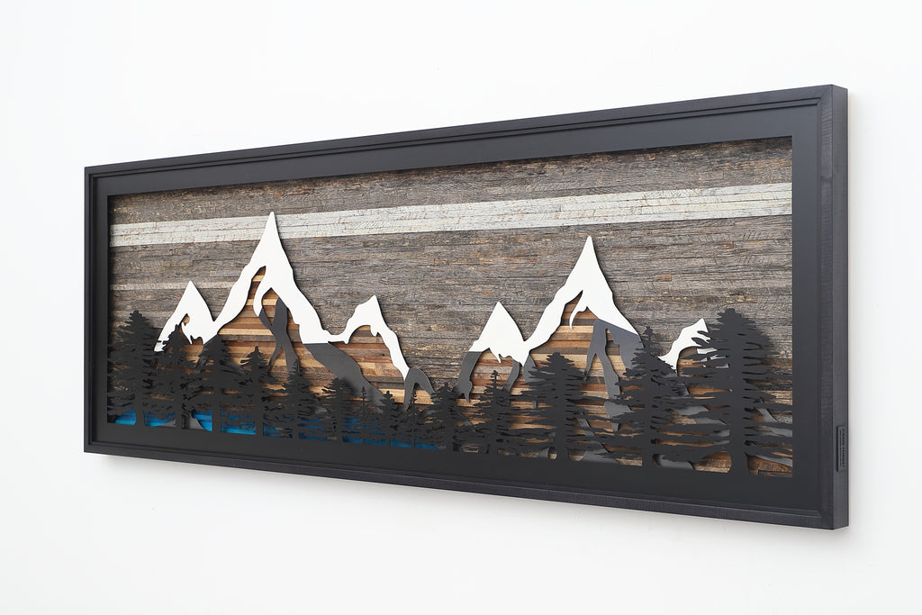Pine Tree Forest Glacial Lake Mountains: wood and metal wall art
