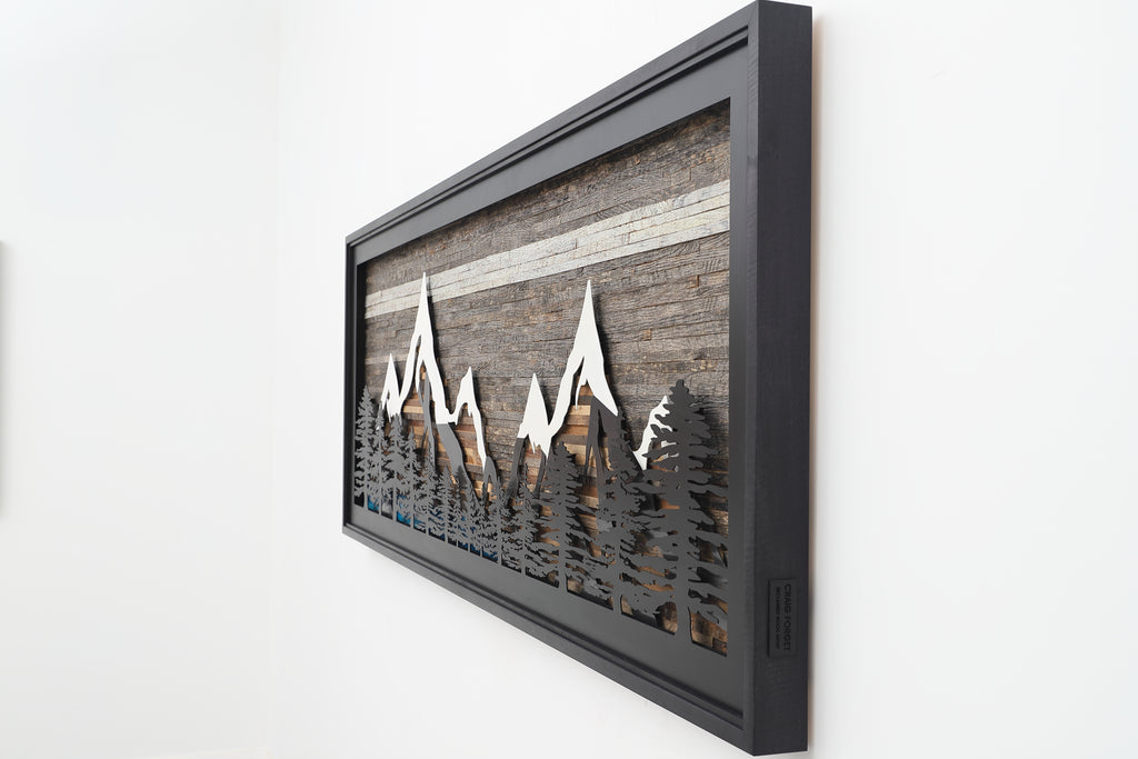 Pine Tree Forest Glacial Lake Mountains: wood and metal wall art