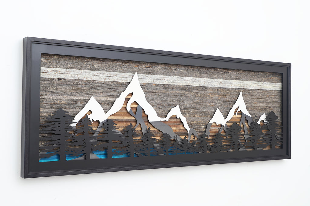 Pine Tree Forest Glacial Lake Mountains: wood and metal wall art