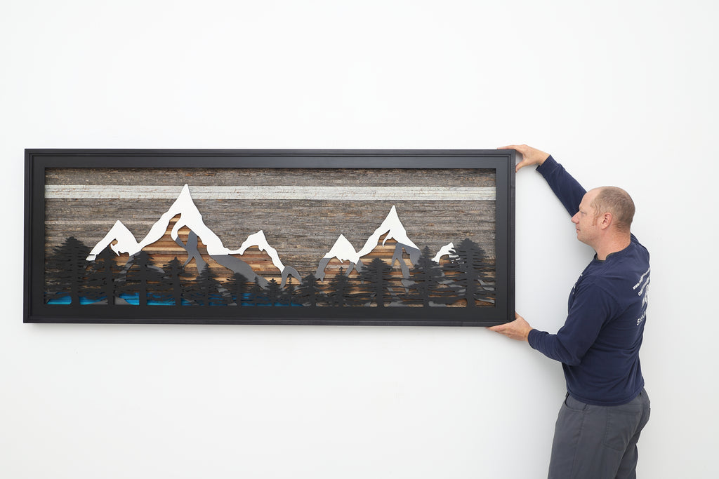 Pine Tree Forest Glacial Lake Mountains: wood and metal wall art