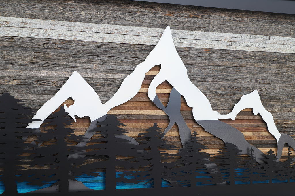 Pine Tree Forest Glacial Lake Mountains: wood and metal wall art