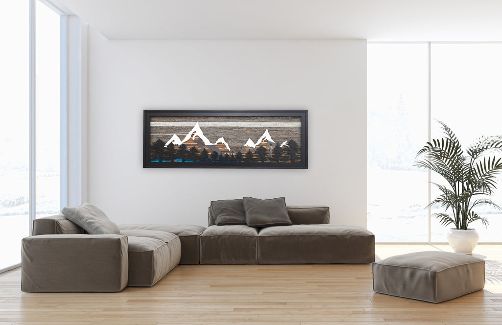 Pine Tree Forest Glacial Lake Mountains: wood and metal wall art