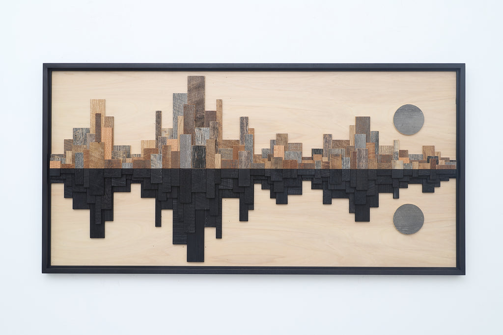 Wood city skyline, city night reflection