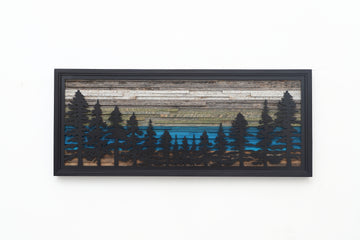 Metal pine tree forest, glacial lake wood wall art 
