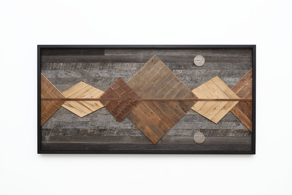 reclaimed wood mountain range, mirrored reflection