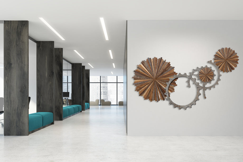 metal and wood wall installation artwork  