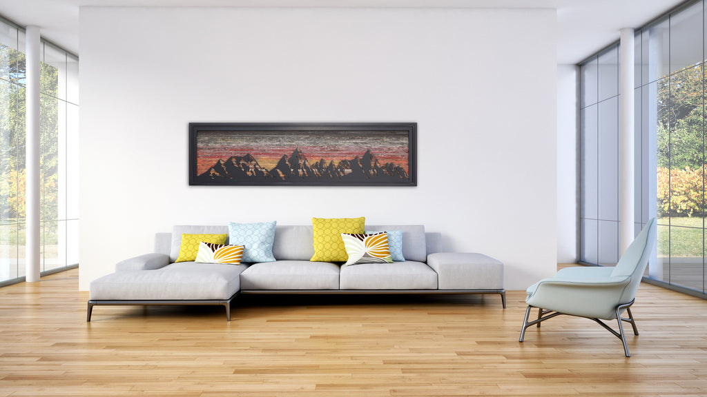 metal & wood mountainscape, wood wall art 