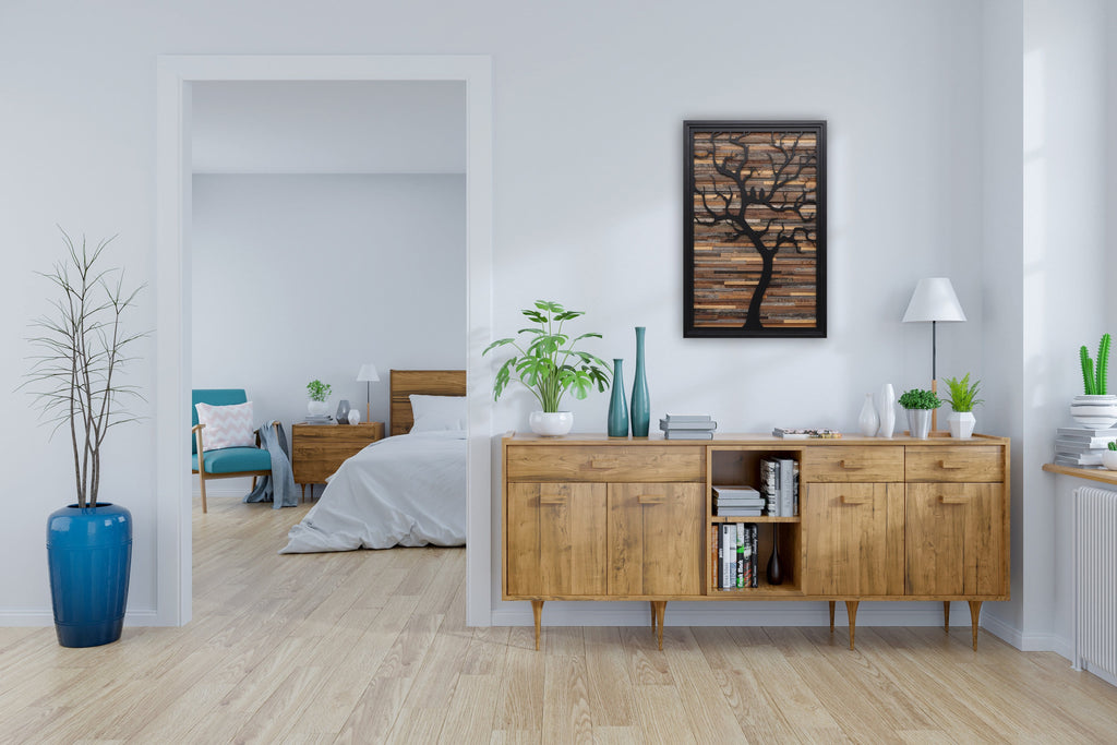 metal and wood tree art 