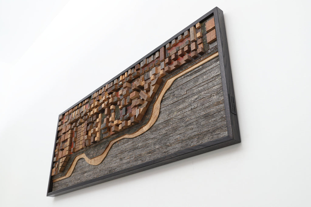 wood ocean cityscape, large wood wall sculpture