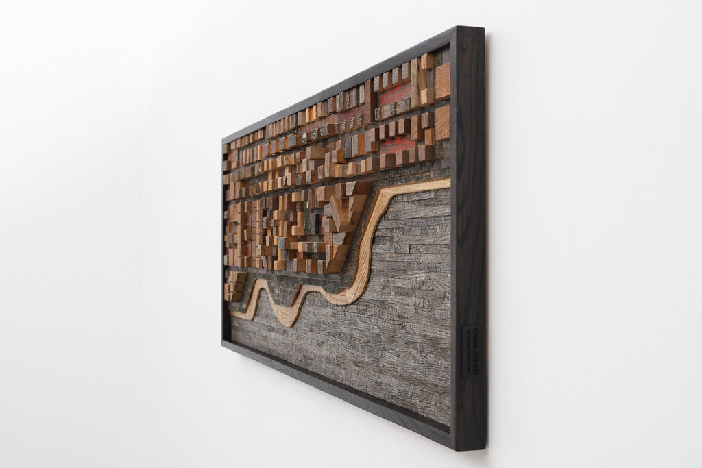 wood ocean cityscape, large wood wall sculpture