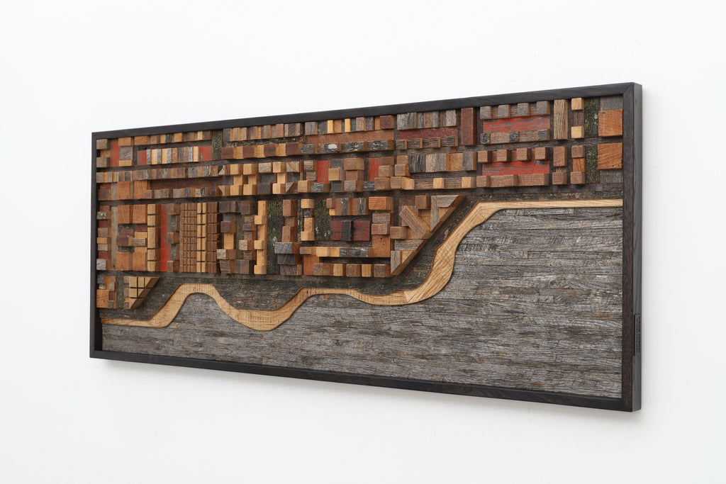 wood ocean cityscape, large wood wall sculpture