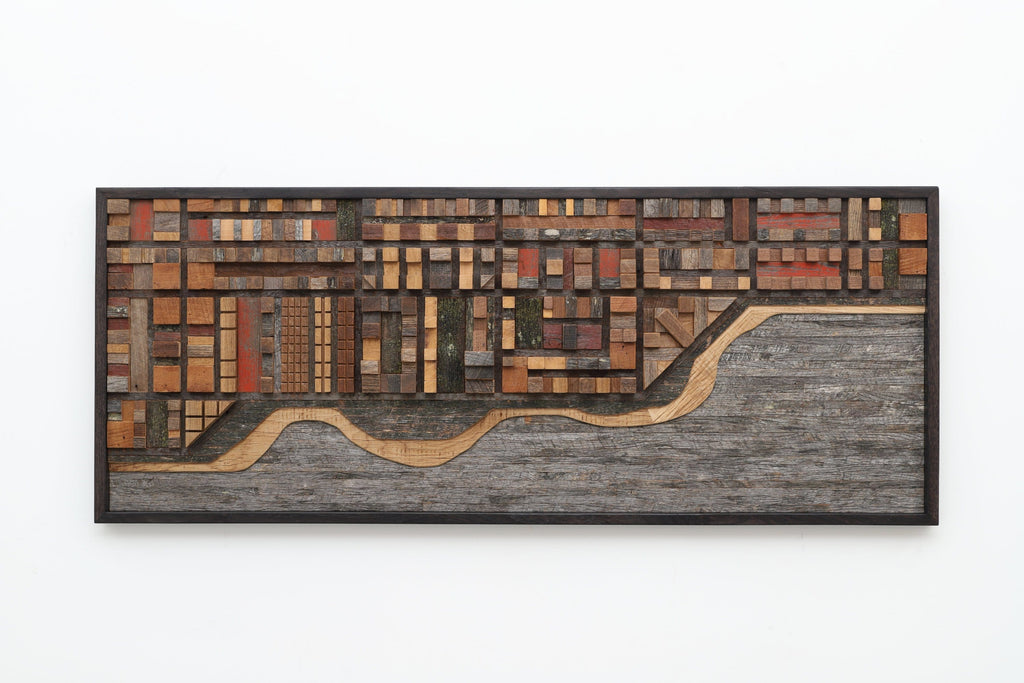 wood ocean cityscape, large wood wall sculpture