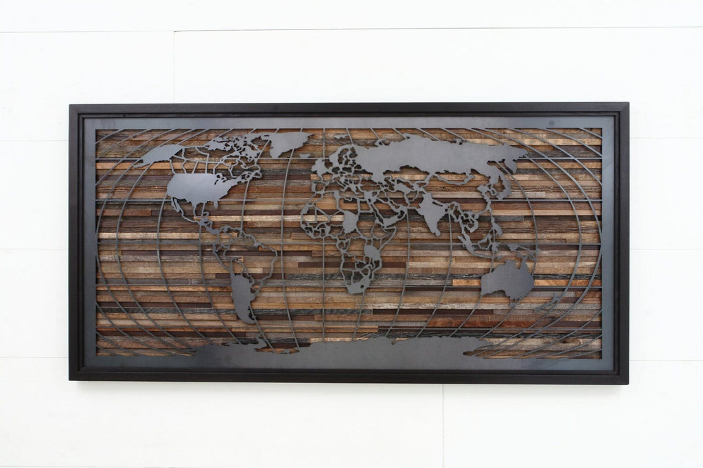 wood & metal world map artwork