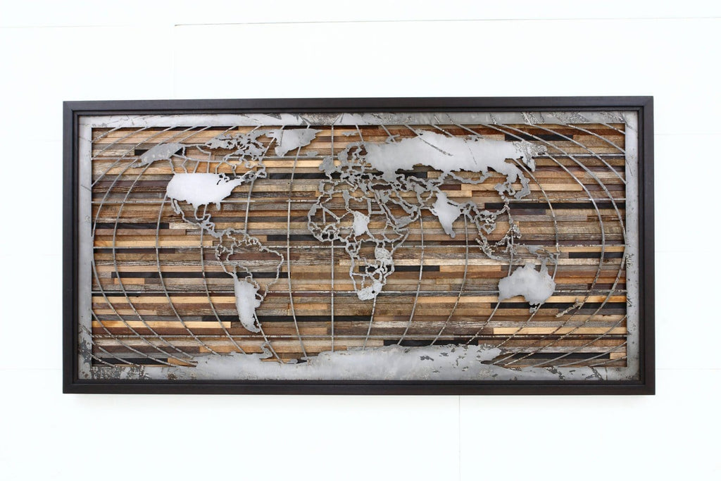wood & metal world map artwork