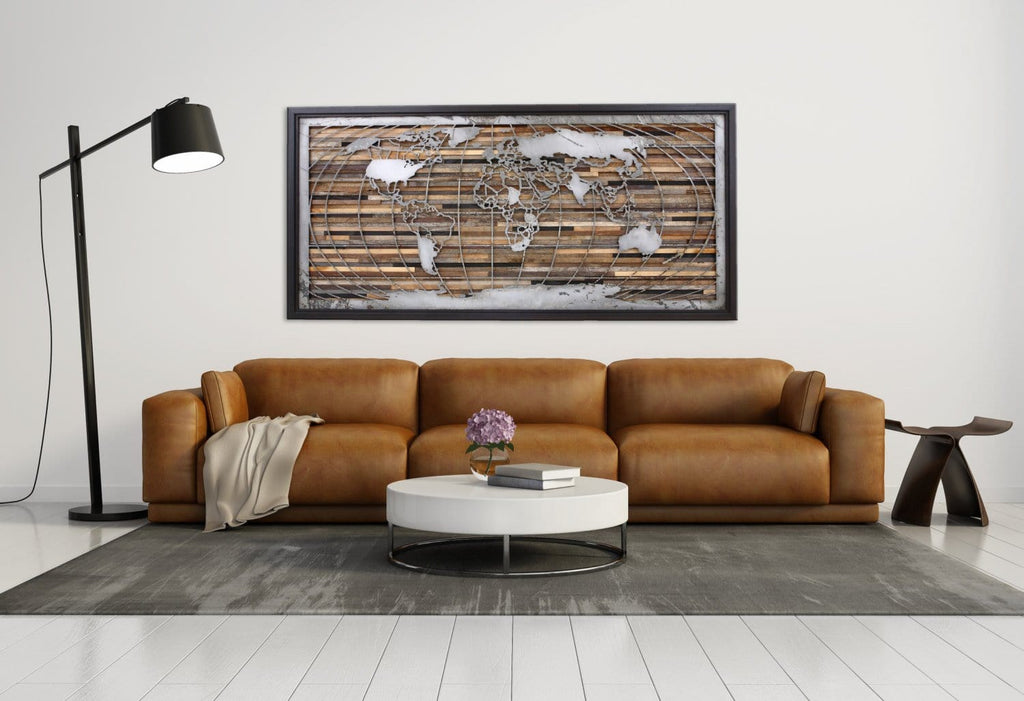 wood & metal world map artwork