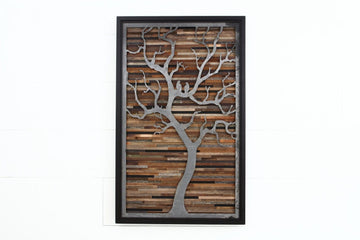 wood & metal artwork of a tree 