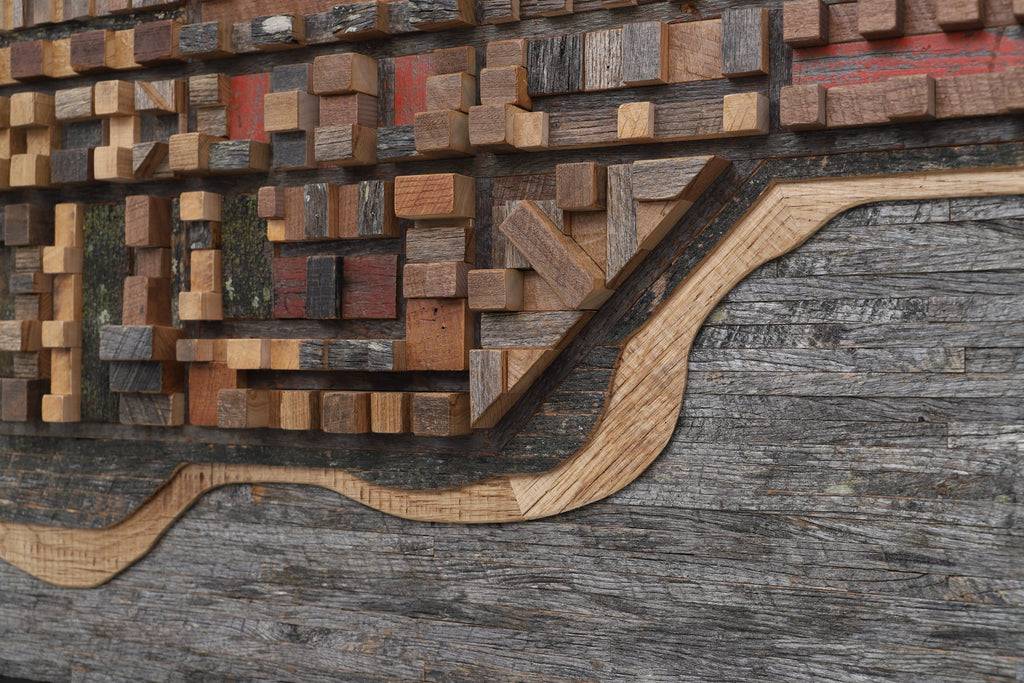 wood ocean cityscape, large wood wall sculpture