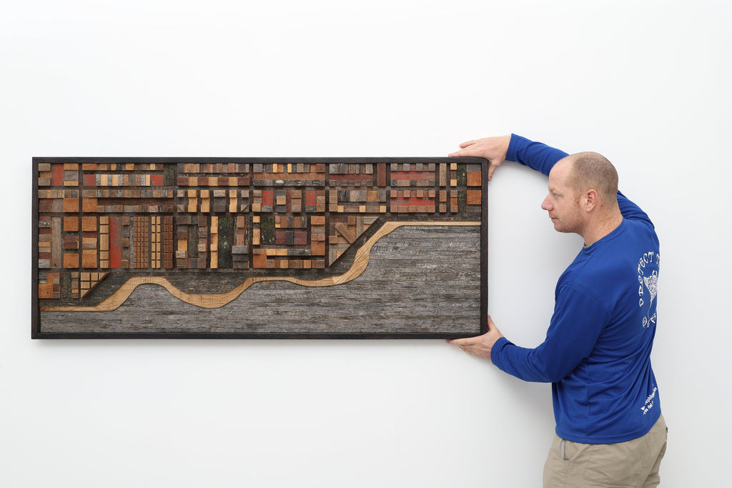 wood ocean cityscape, large wood wall sculpture