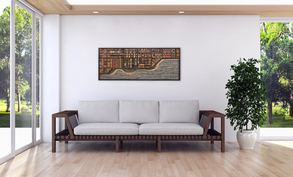 wood ocean cityscape, large wood wall sculpture
