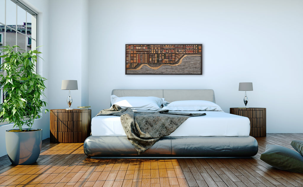 wood ocean cityscape, large wood wall sculpture