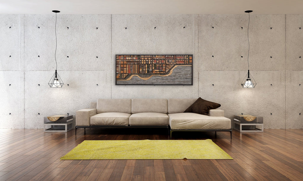 wood ocean cityscape, large wood wall sculpture