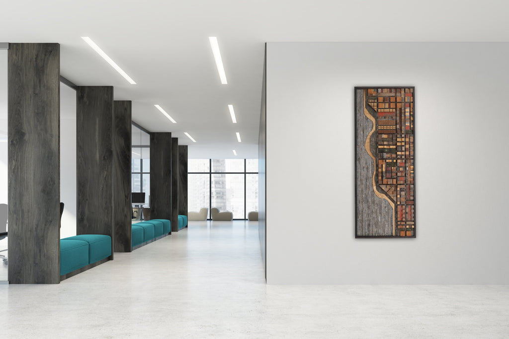 wood ocean cityscape, large wood wall sculpture