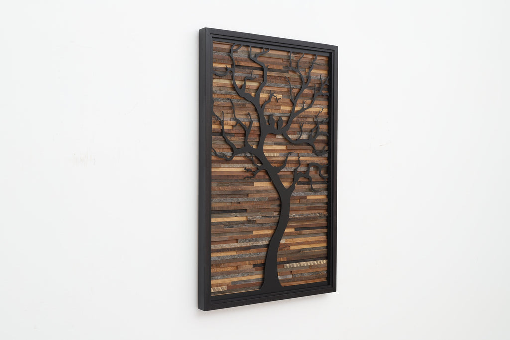 metal and wood tree art 